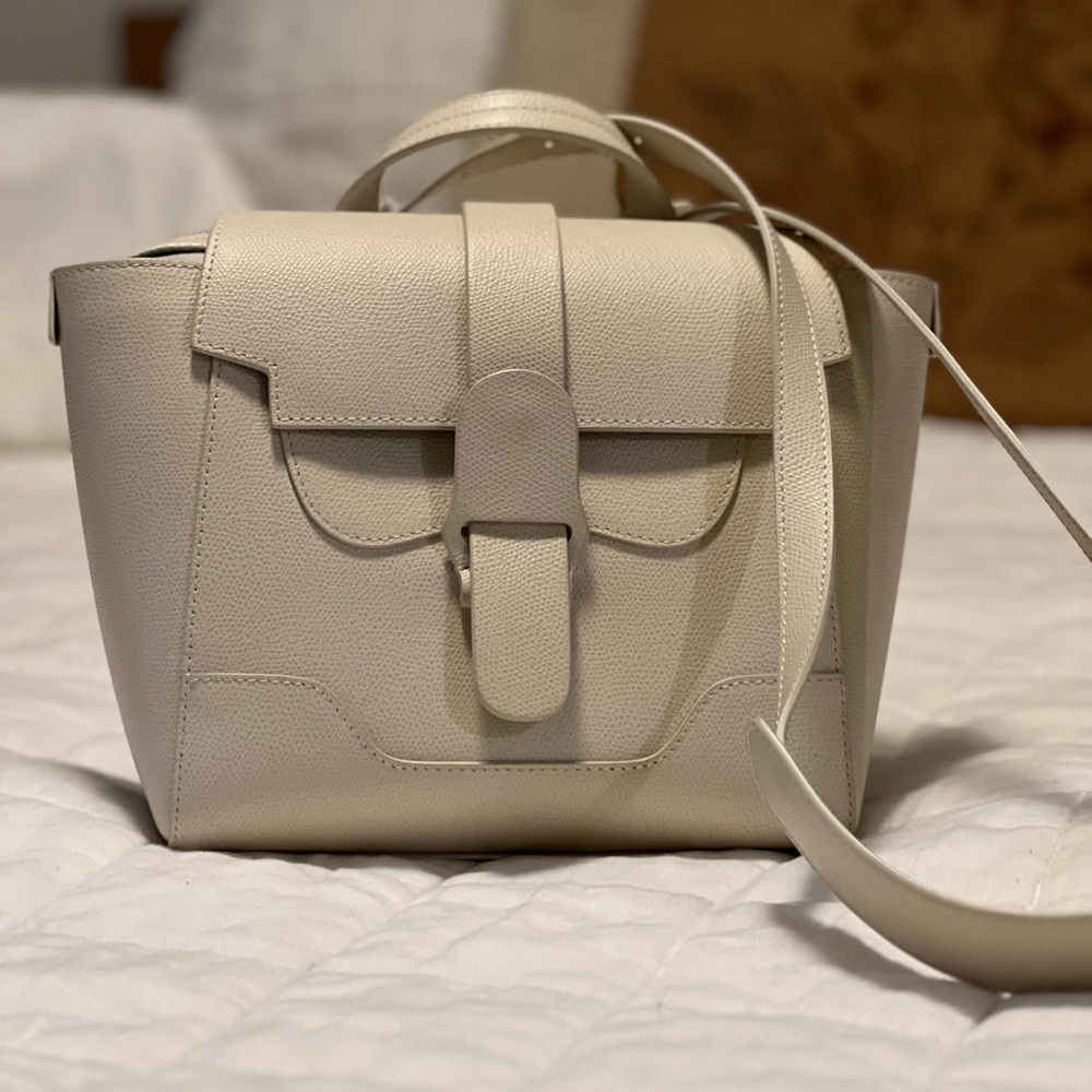 Senreve Mini Maestra Bag. Pebbled leather, Cream.